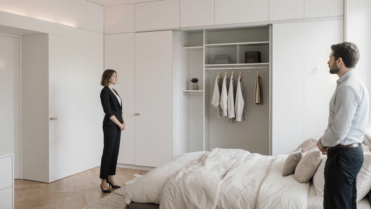 Profesionálně zařízená ložnice s čistým skříněm a minimalistickým designem pro přitažlivost kupujících.