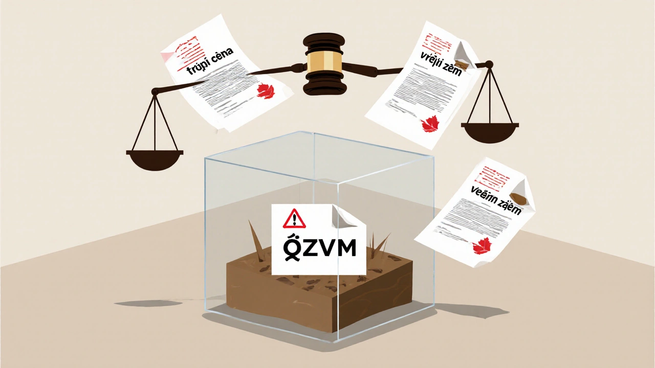 Průhledná kostka s pozemkem a prvkům tržní ceny a veřejného zájmu v kontextu právních dokumentů.