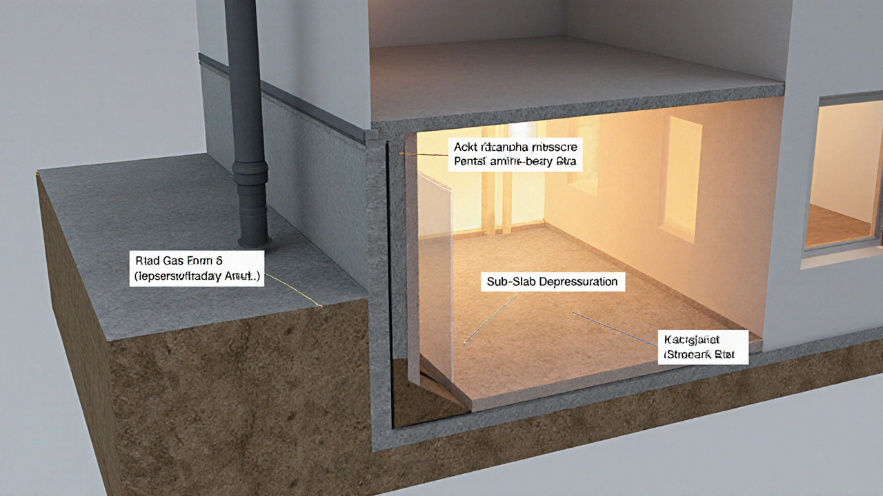 Průřez domu s radonovou bariérou a odvětrávacím systémem.