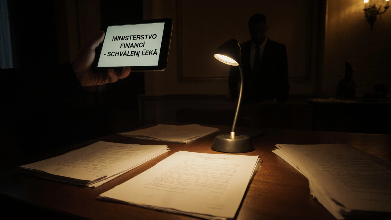 Rada obce večer, osvětlená smlouva na stole, stínová postava kontroluje schválení Ministerstva financí.