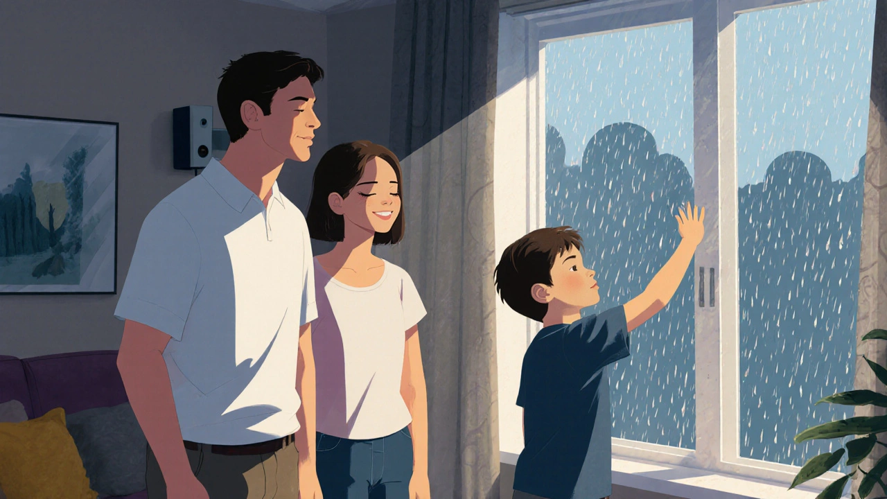 Rodina cítí citrusovou vůni a slyší déšť v obývacím pokoji.