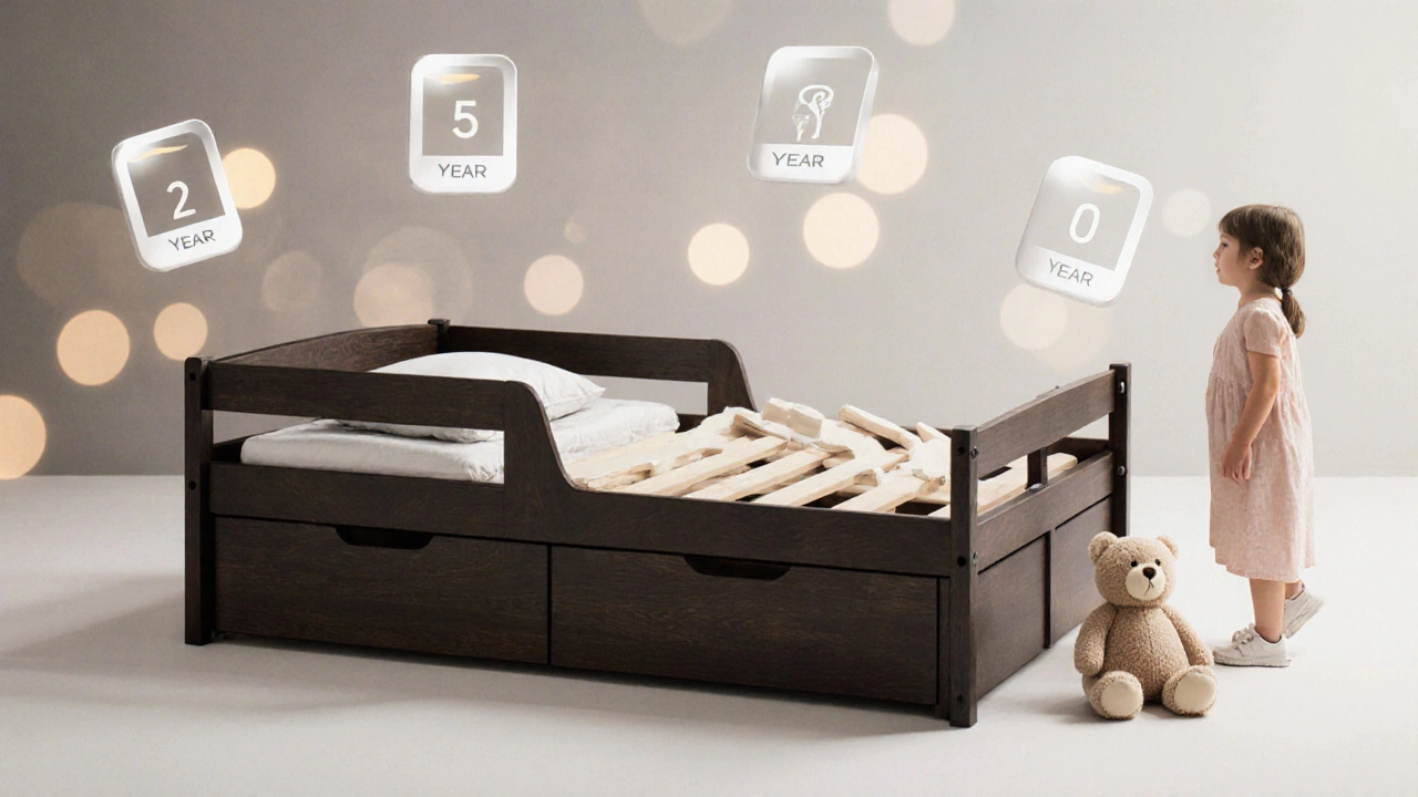 Rostoucí dětská postel, která se přizpůsobuje dítěti od 2 do 10 let, s integrovaným úložným prostorem.