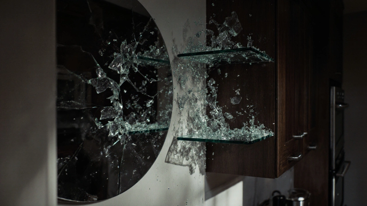 Rozbité zrcadlo a skleněné police v kuchyni po spadlém hrnci