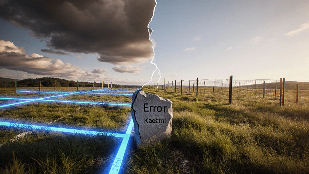 Rozdělený pozemek: jedna strana s přesnými hranicemi, druhá se zdeformovanými mezemi a chybou v katastru.