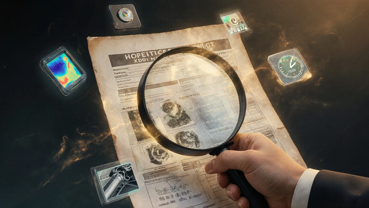 Ruka drží lupa nad dokumentem, z něhož vystupují skryté vady nemovitosti.