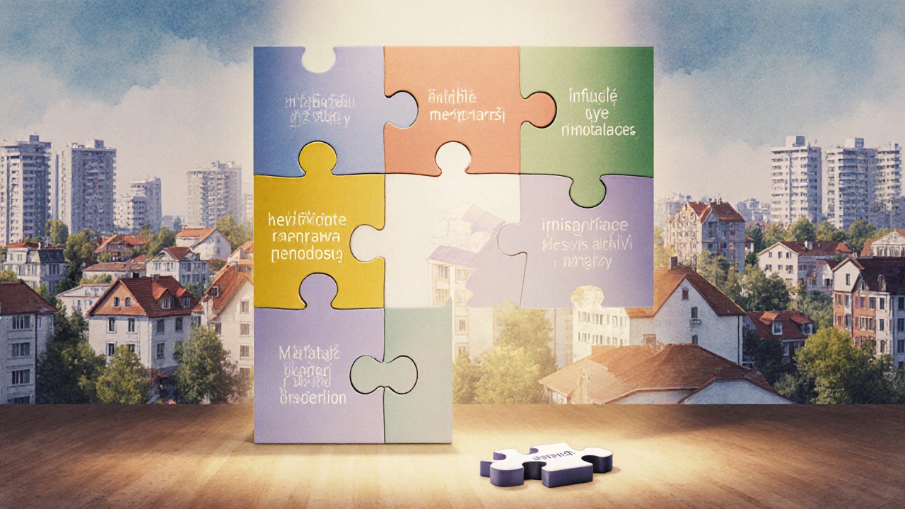 Složená skládačka s klíčovými faktory ovlivňujícími trh s nemovitostmi, zatímco jediný index leží venku.