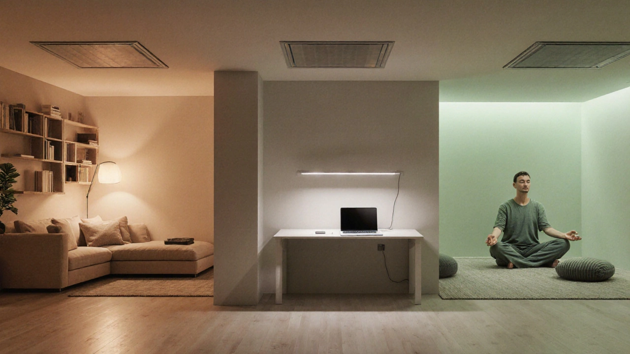 Smart living room adapting to different activities: reading, working, and meditating with natural elements.