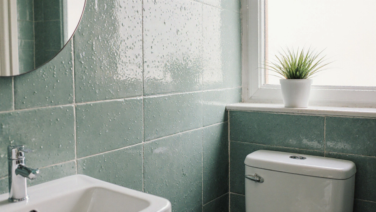 Světle zelená koupelna s bílými kachličkami a přirozeným osvětlením, která vzbuzuje pocit čistoty a obnovy.