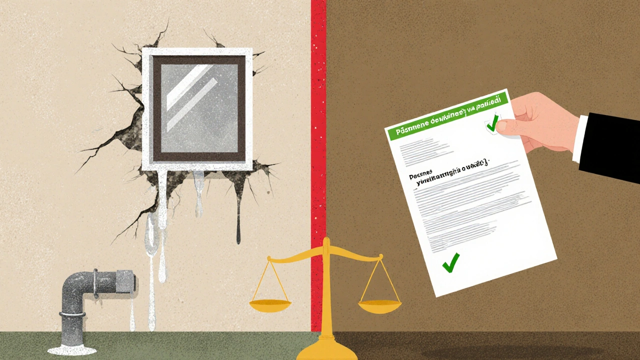 Symbolický dům s jednou poškozenou a jednou opravenou stěnou, vyrovnávaný na váhách spravedlnosti.