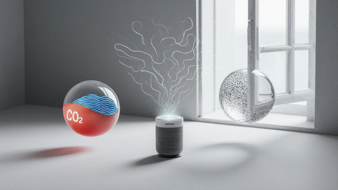 Tři průhledné sféry symbolizující CO₂, vlhkost a částice ve vzduchu, centrum je čidlo.