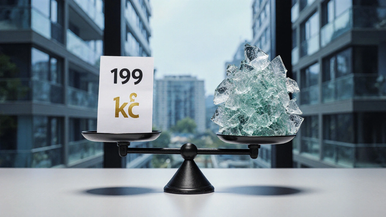 Váha s ročním pojistným a rozbitým sklem jako symbolem rizik