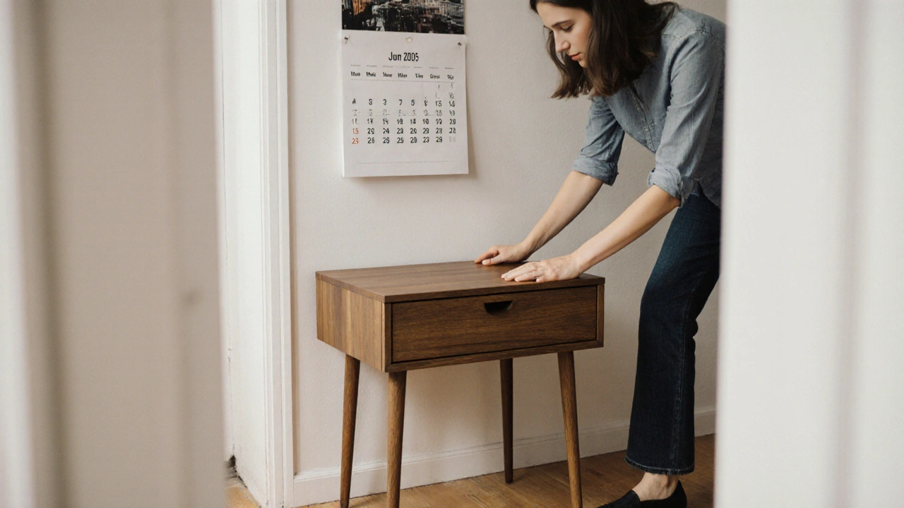 Žena vkládá ořechový stolek do malého bytu, symbolizující pomalé, uvážlivé vytváření mid-century modern stylu.