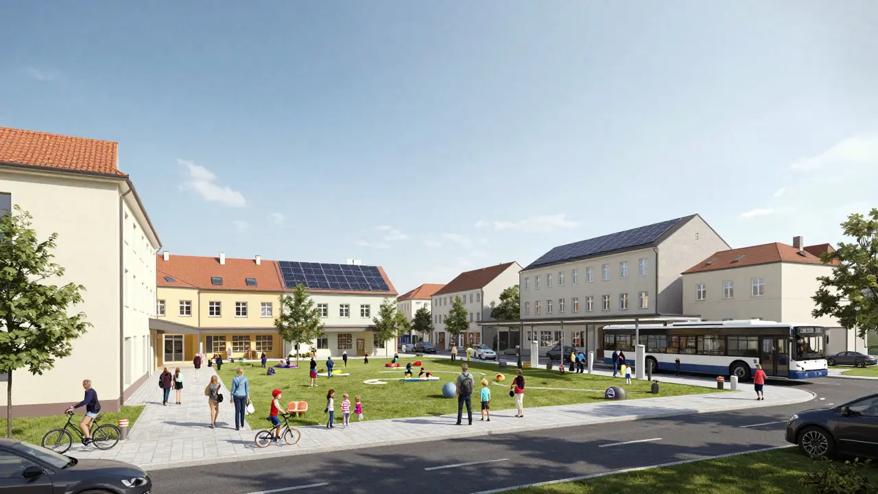 A walkable urban quarter in Czechia with school, library, and transit station surrounded by families and green spaces.