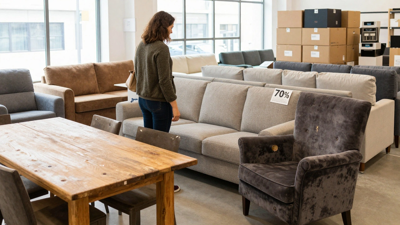 Customer inspecting discounted sofa in a furniture outlet with signs of used but functional items.
