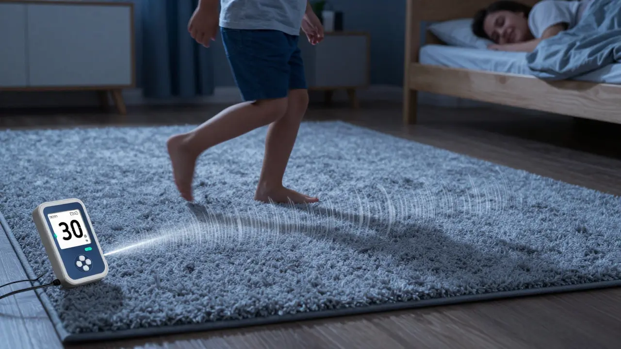 Dětský pokoj s kobercem, kde se hluk kroků tichne, a hlukoměr ukazuje 30 dB snížení.