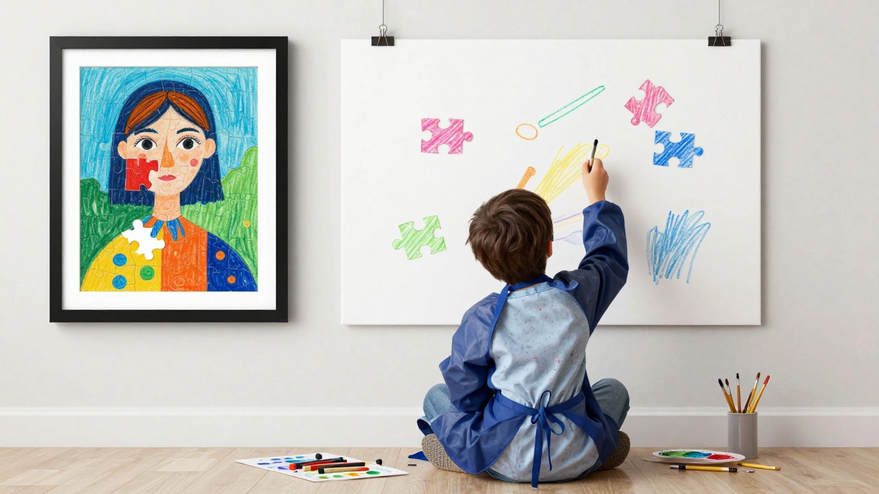 Dítě kreslí na velký plátno na stěně, kolem něj barvy a štětce.
