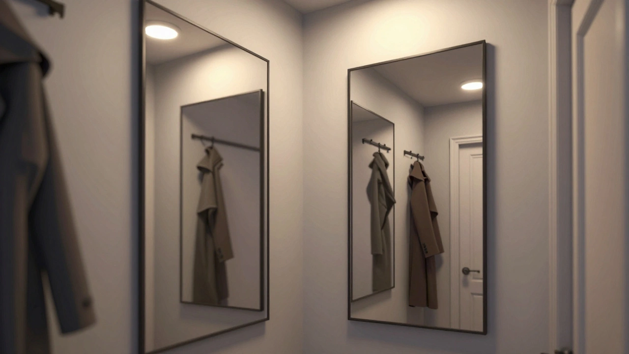 Dvě asymetricky umístěná zrcadla v úzkém chodbě, která vytvářejí iluzi hloubky a moderní kompozici.