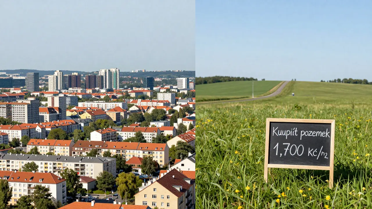 Dvě strany pozemkového trhu: drahý městský vs. levný venkovský pozemek.