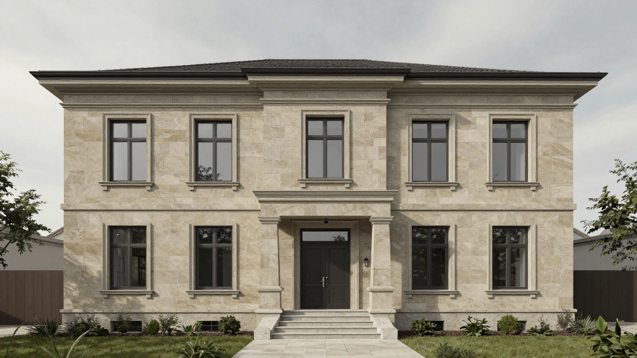 Fasáda moderního domu s klasickými proporcemi, přirozeným kamenem a symetrickým vstupem.