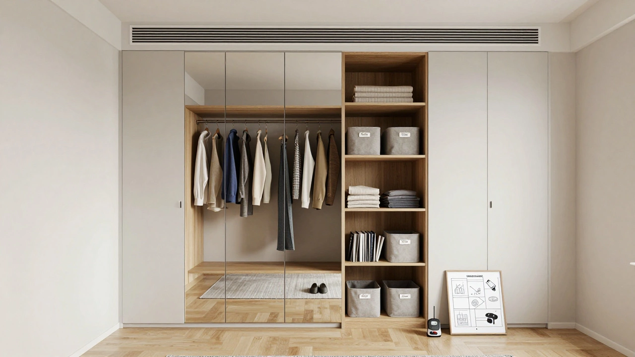 Hybridní systém úložiště s otevřenými policiemi, zrcadly a větracími mřížkami v malé ložnici.