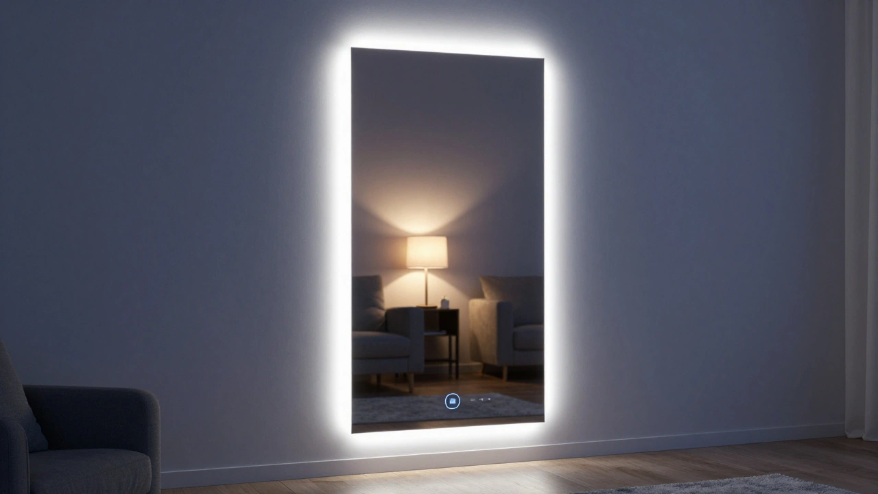 Integrované LED zrcadlo s automatickým osvětlením v moderní garsonce, které se jemně rozsvěcuje večer.