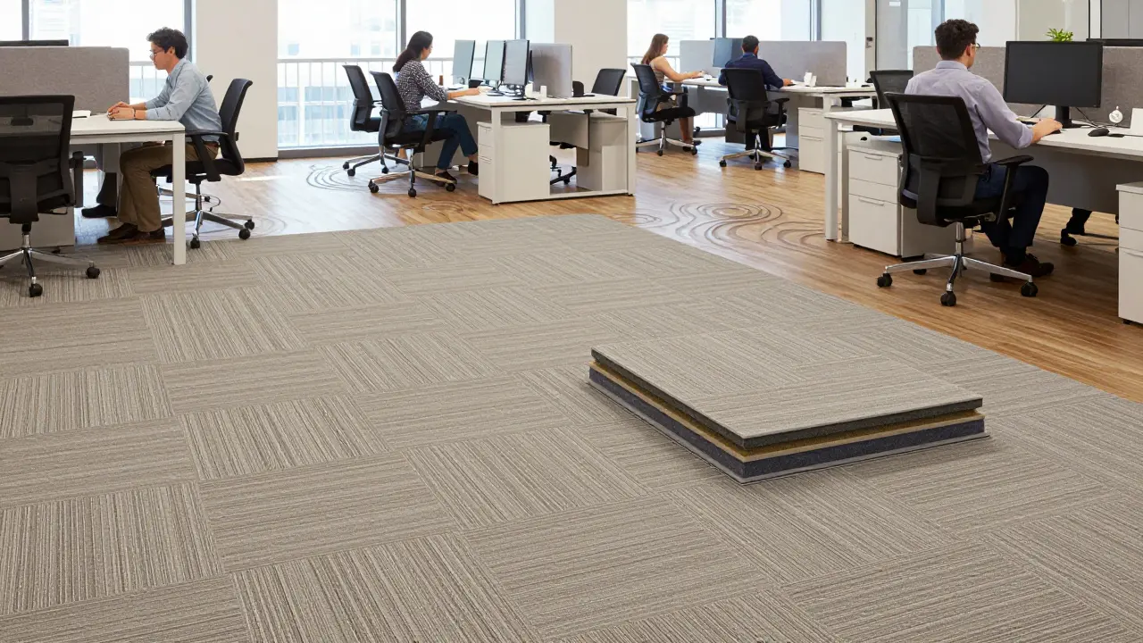 Kobercové dlaždice v kanceláři s viditelnou akustickou podložkou snižují hluk oproti tvrdým podlahám.