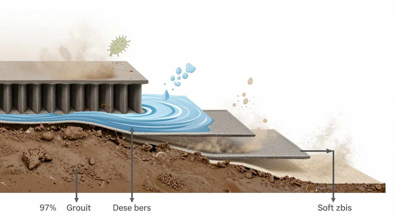 Křížový řez vstupní zóny ukazující, jak se špína, vlhkost a alergény postupně filtrují ve třech vrstvách.