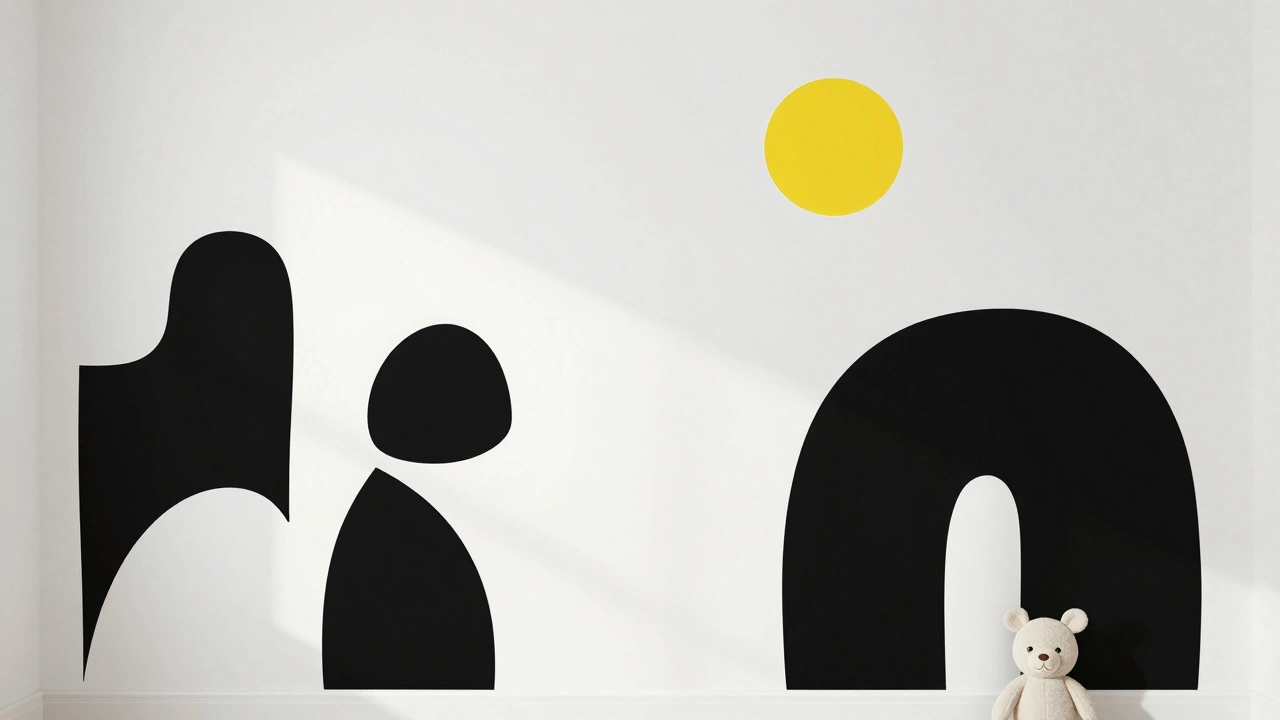 Minimální nástěnná malba s černobílými tvary pro malé dítě.