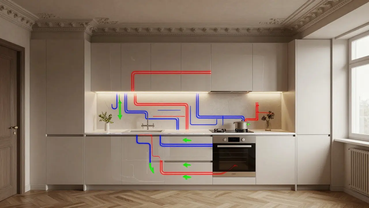 Návrh kuchyně na míru s přehledem rozvodů vody, elektřiny a odpadu překrytých na nábytku.