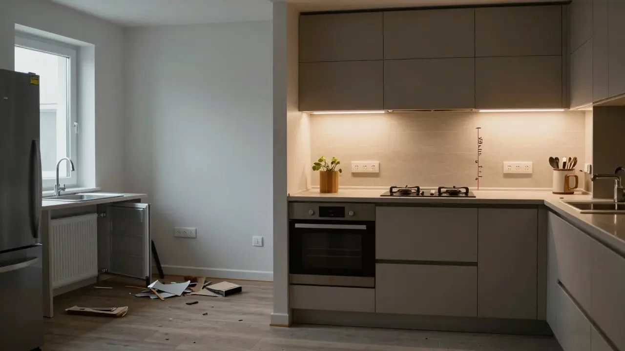 Porovnání standardní a custom kuchyně: jedna s nesprávně umístěnými zásuvkami, druhá s perfektní geometrií.