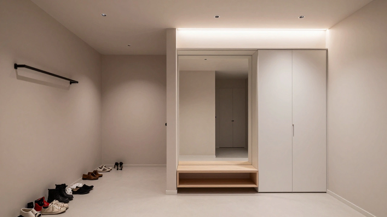 Před a po: přeměna chaotické předsíně na klidný, uspořádaný prostor s otevřenými skříněmi a zrcadly.