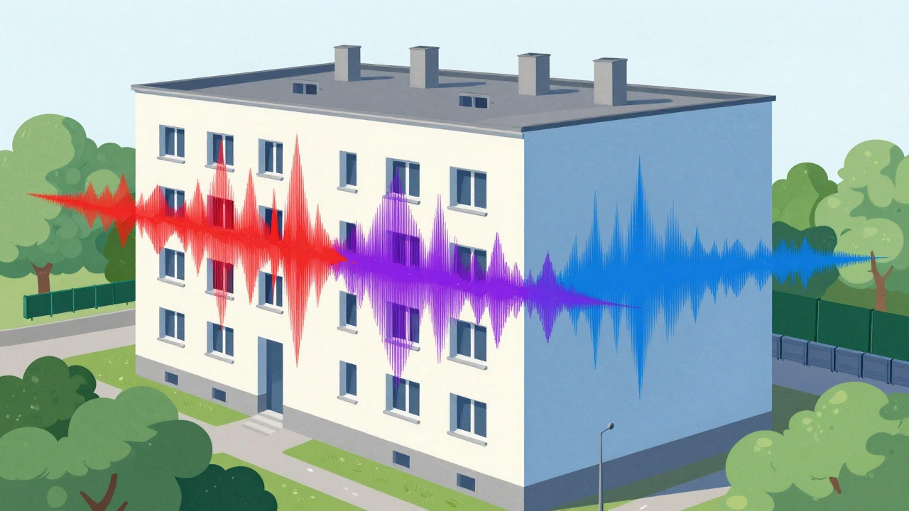 Průřez domu ukazující rozdíl v hluku mezi uliční a zadní stranou s přirozenými bariérami.