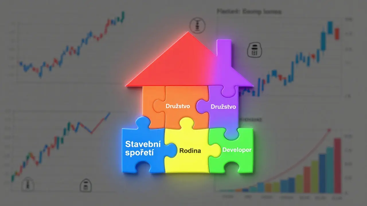 Puzzle tvaru domu složené z pěti alternativních způsobů financování nemovitosti.