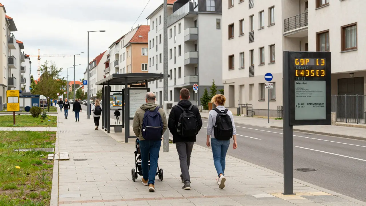 Residents walking to a modern tram stop in a Prague neighborhood, with apartment buildings and metro construction in the background.