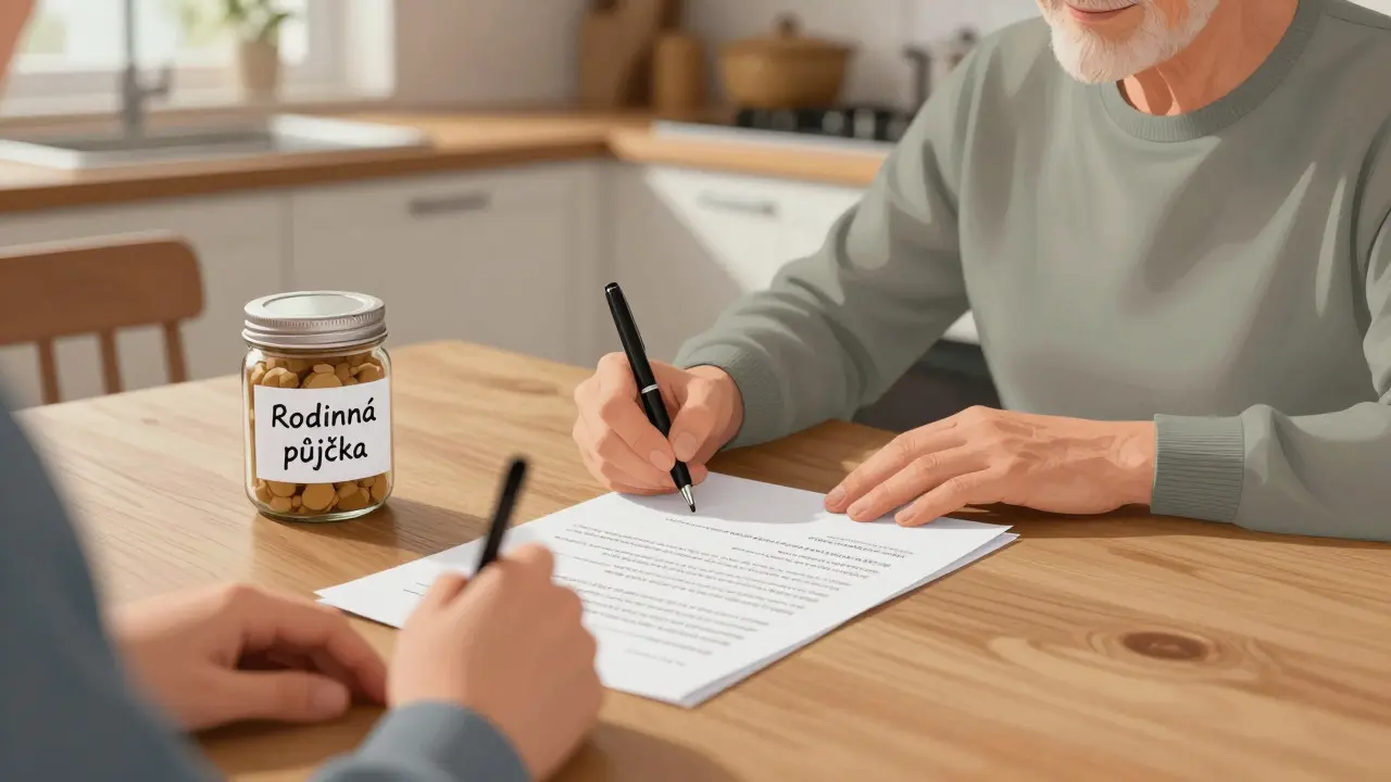 Rodina podepisuje písemnou smlouvu o půjčce na koupi bytu v domácím prostředí.
