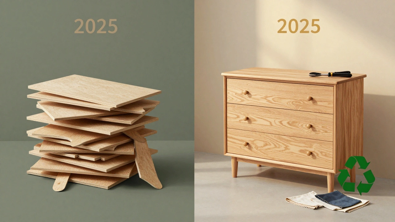 Split image showing cheap furniture breaking down versus a repurposed vintage dresser being refreshed.
