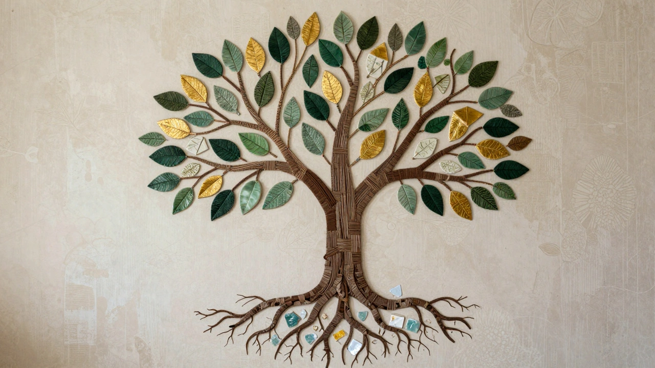 Strom rostoucí ze zdi, jehož větve jsou z textilie, listy z keramiky a kořeny z papíru.