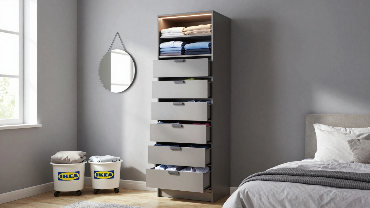 Úzká vysoká komoda s šesti zásuvkami vedle postele, s LED osvětlením a kontejnery na kolečkách pod postelí.