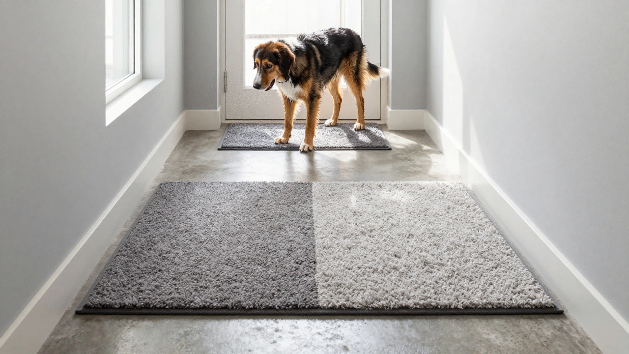 Úzký vstup do domu s kombinovaným koberečkem DualClean, na kterém se pes čistí tlapy před vstupem do bytu.