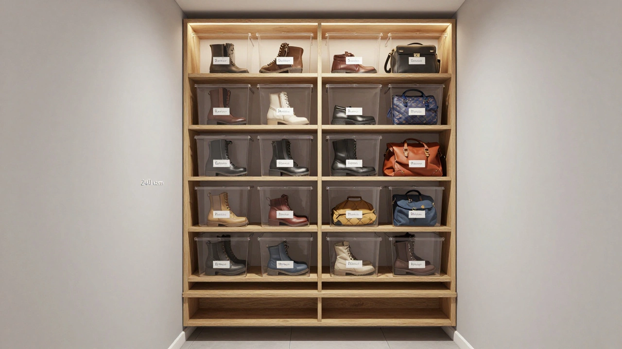 Vertikální regály až ke stropu s průhlednými krabicemi a teplým osvětlením v úzké předsíni.