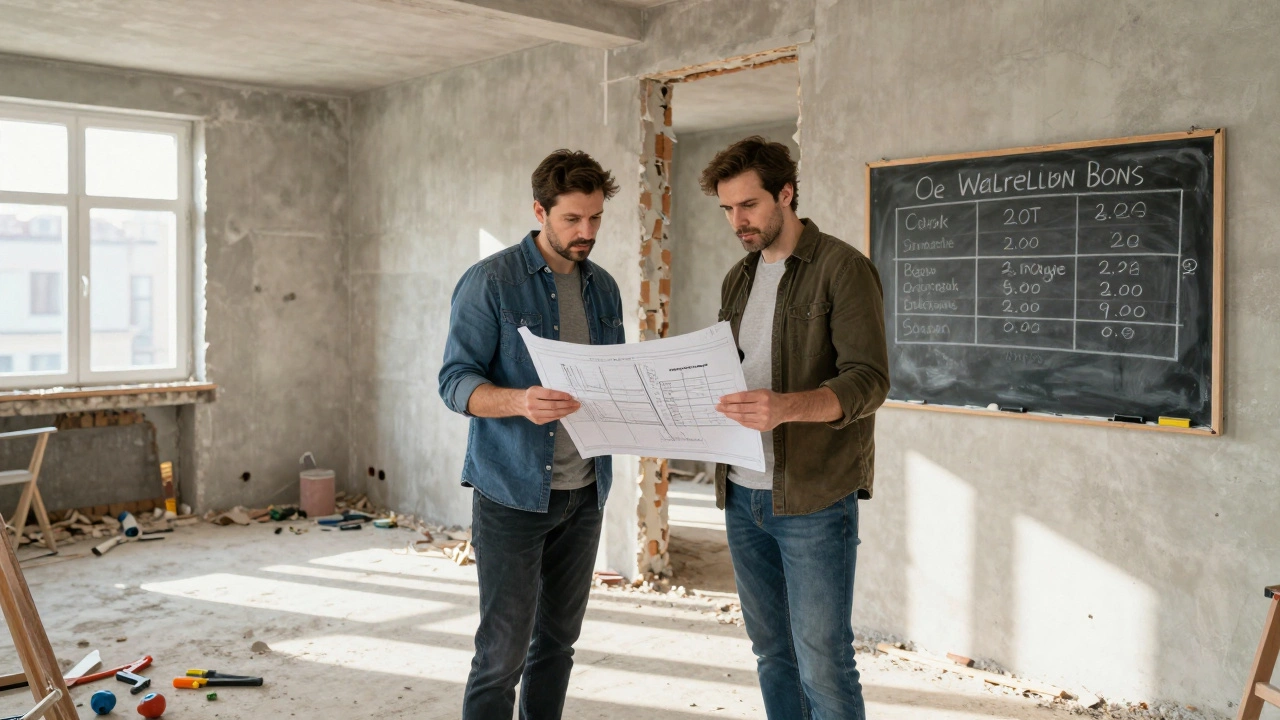 Vlastník bytu spolu s architektem prohlíží plány v polovičně přestavěném bytě v Praze.