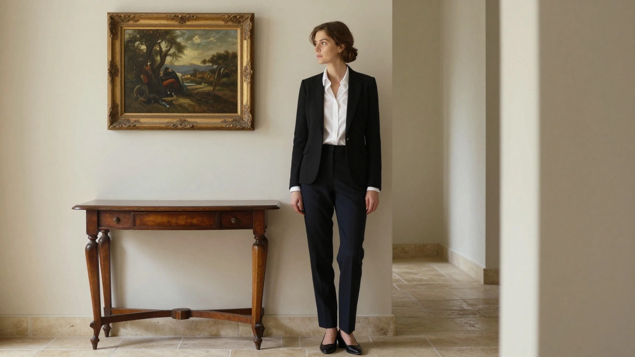 Žena v klasickém oblečení stojí u vintage konzoly v tichém chodbě s klasickým obrazem.