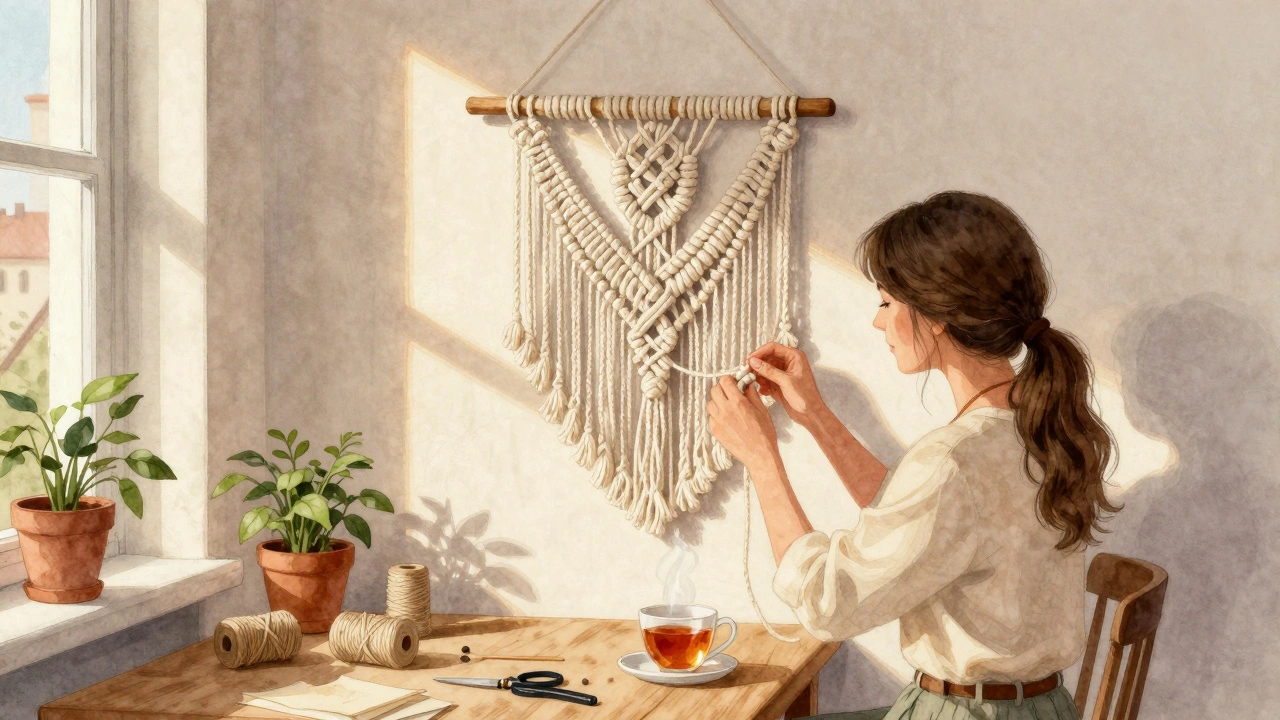 Žena vytváří makramé na závěs z bavlněných šňůrek v osvětleném pokoji.