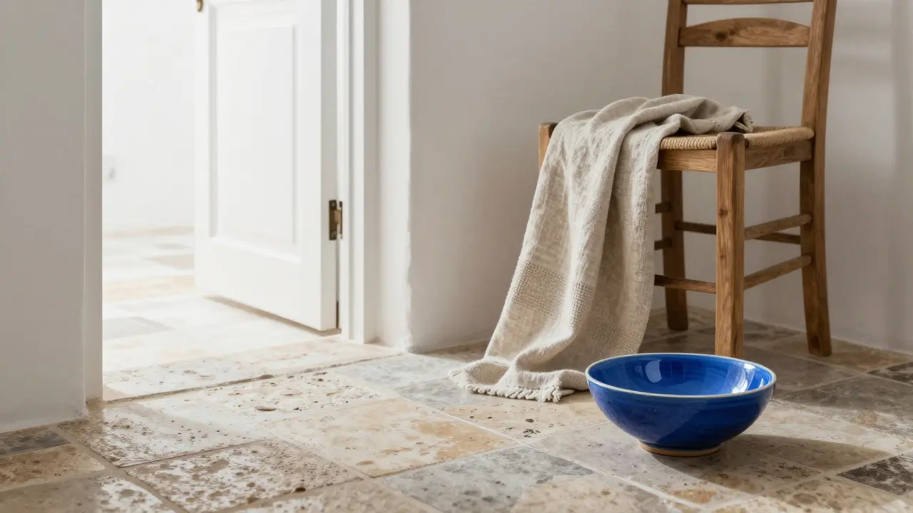 Detail kamenných dlaždic, bavlněného přikrývky a modré keramiky v minimalistickém středomořském interiéru.