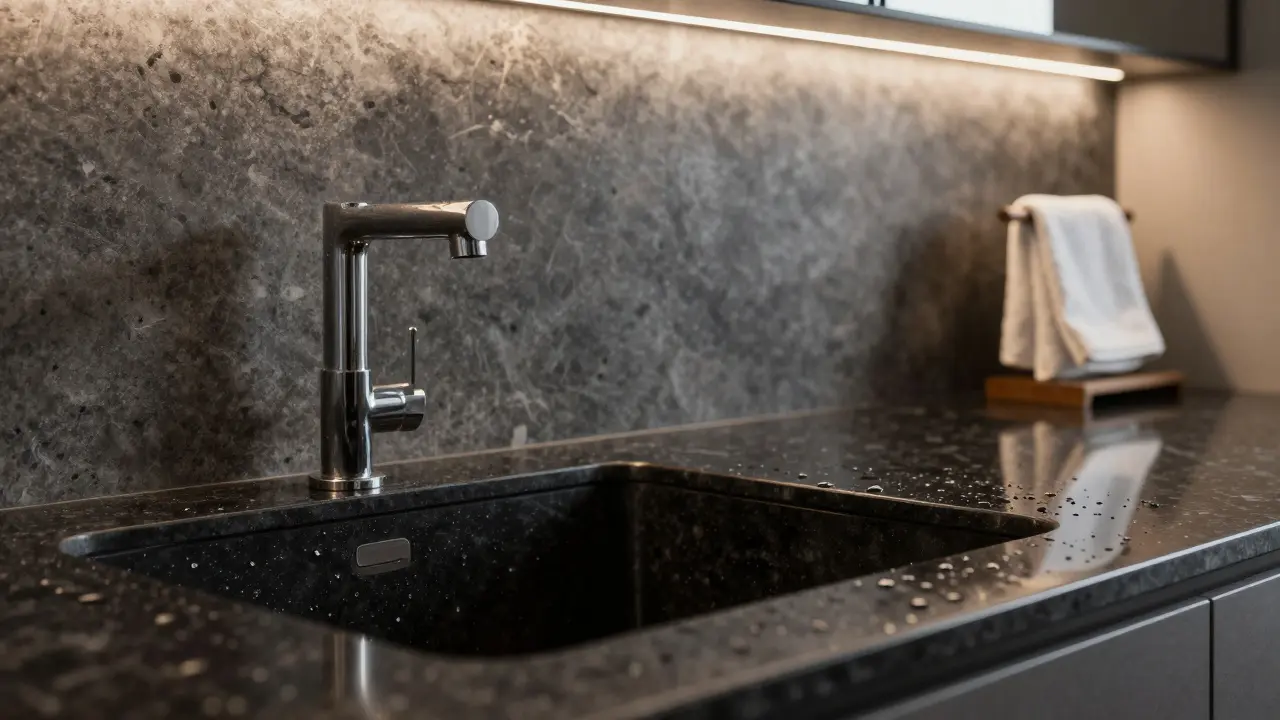 Detail polírované žulové desky s integrovaným umyvadlem a bezšvovou zástěnou z TechniStone.