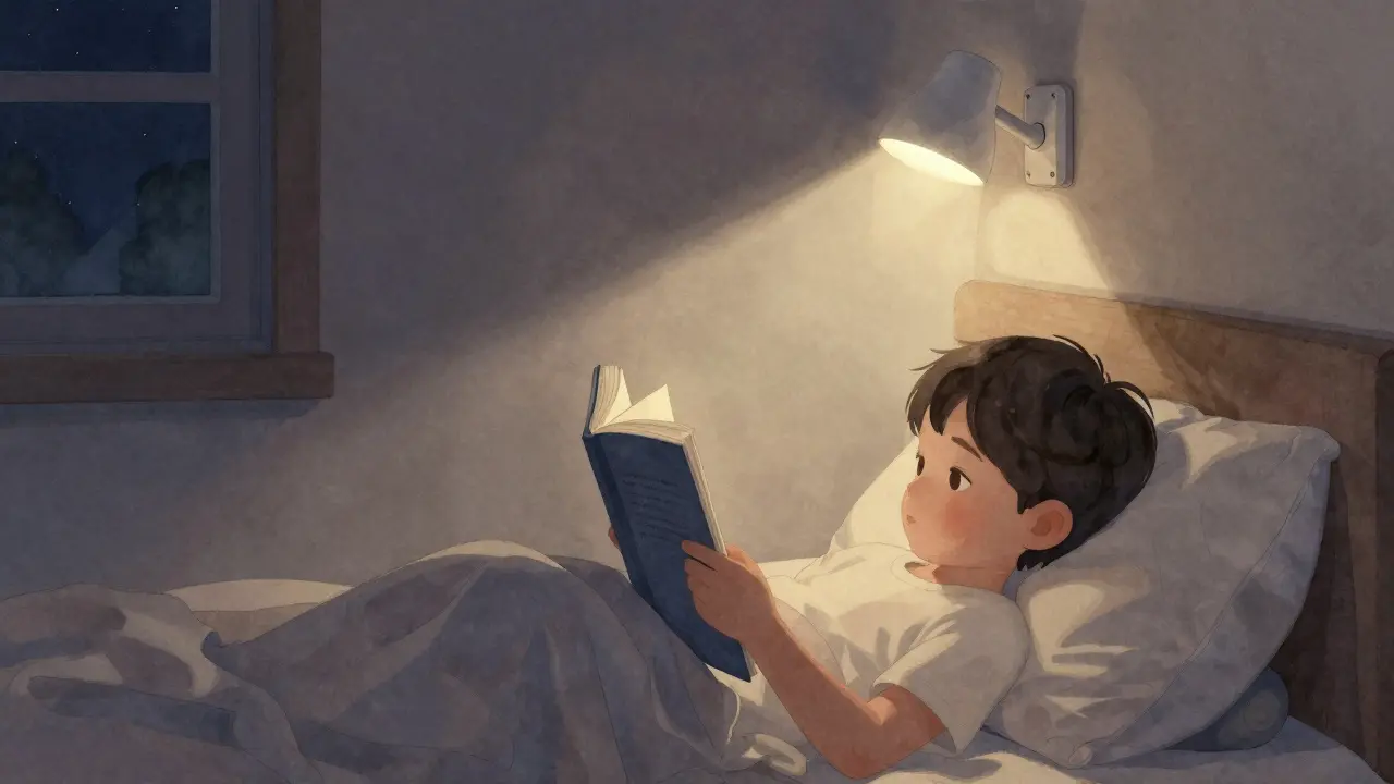 Dítě čte v posteli s nástěnnou lampou a polštářem pod křížem.