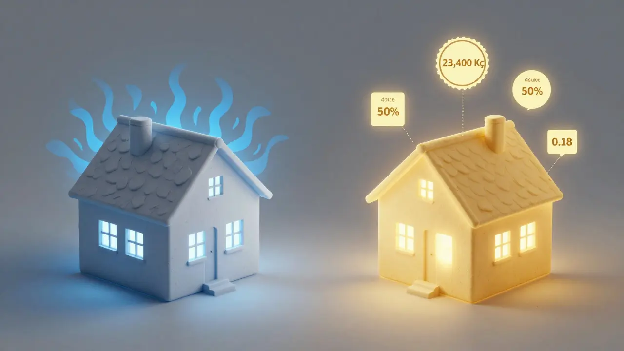 Dům před a po zateplení: vlevo chladné úniky tepla, vpravo tepelná izolace a úspory.