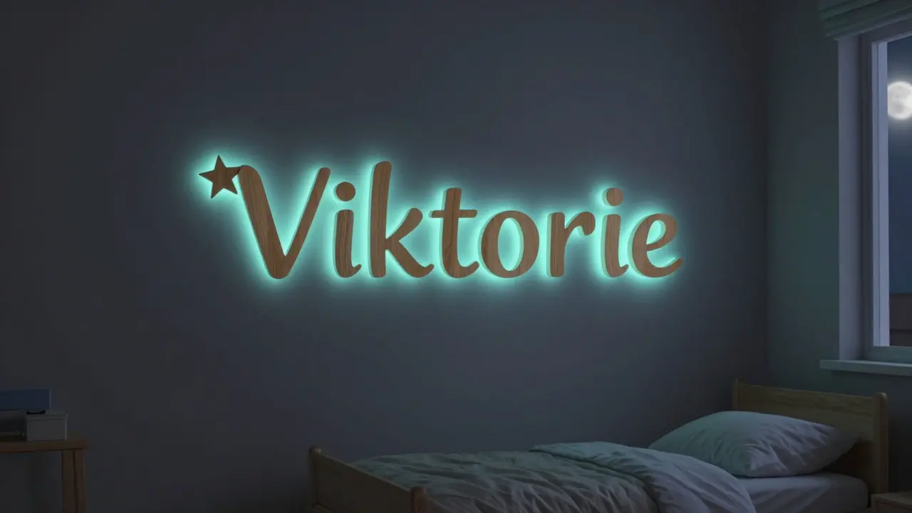 Fotoluminiscenční dřevěné písmena Viktorie ve tmě s jemným zářivým světlem.