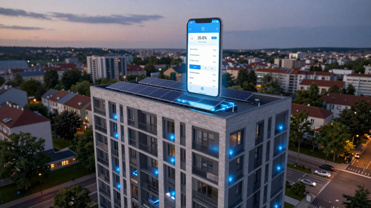 High-rise apartment building with glowing charging stations and solar panels on the roof.