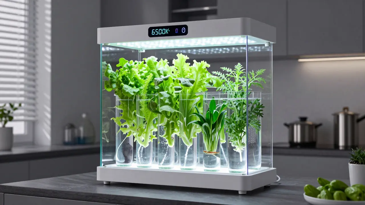 Hydroponický systém Wall Farm s LED osvětlením a čerstvými zeleninami v průhledných trubkách, technologicky vypadající kuchyně.